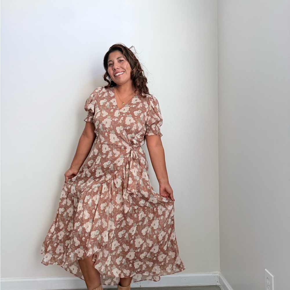 LC Lauren Conrad Floral Midi Dress in Brown and Cream